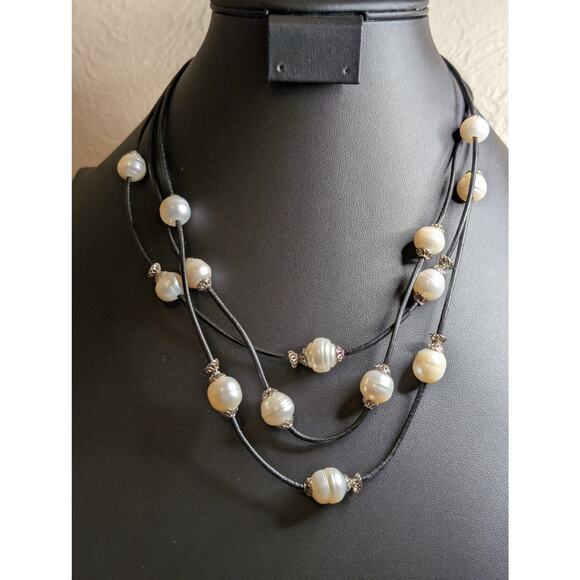 925 Sterling Three Strand Floating Genuine Freshwater Pearl Corded Necklace - Picture 7 of 10